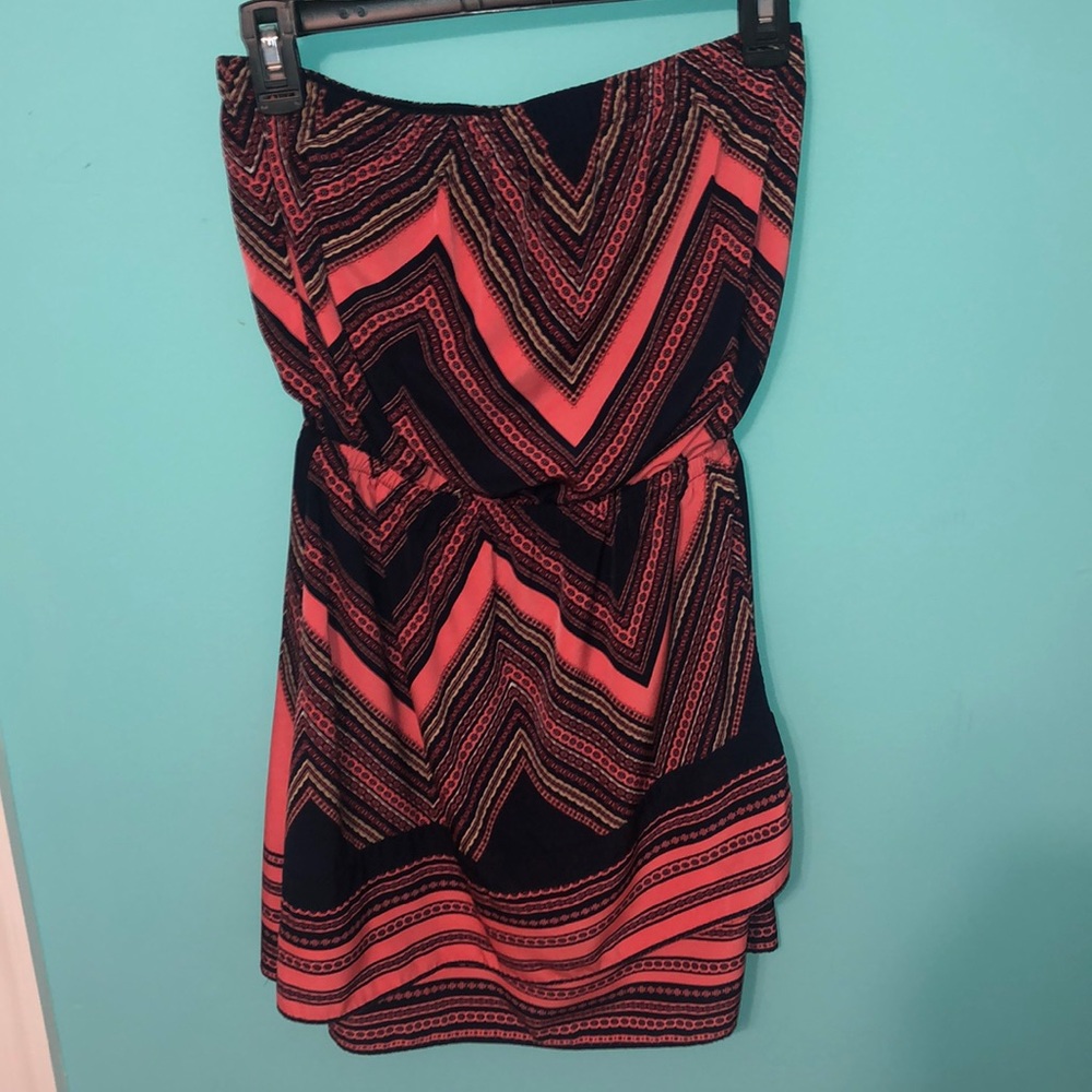 Strapless peach and navy dress